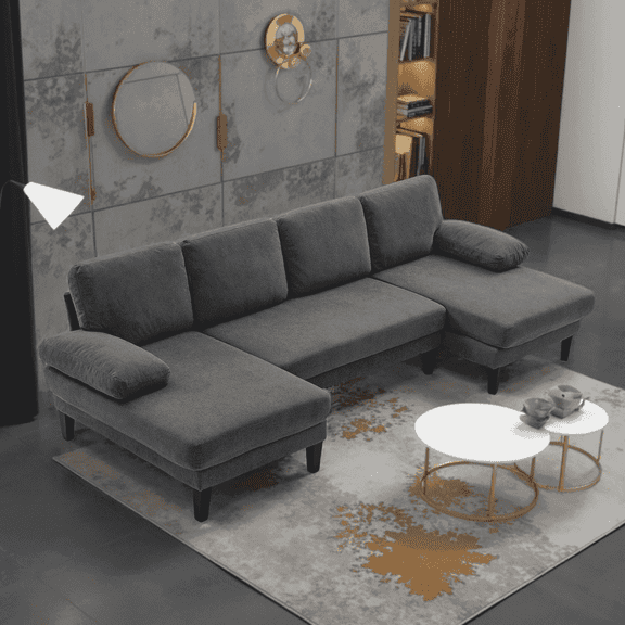 BINBANK Oversized U-Shaped Modular Sectional Sofa Couch with Double Chaise - 4-Seat Living Room Furniture, Linen Upholstered Convertible Design for Apartments/Reception Rooms，Gray