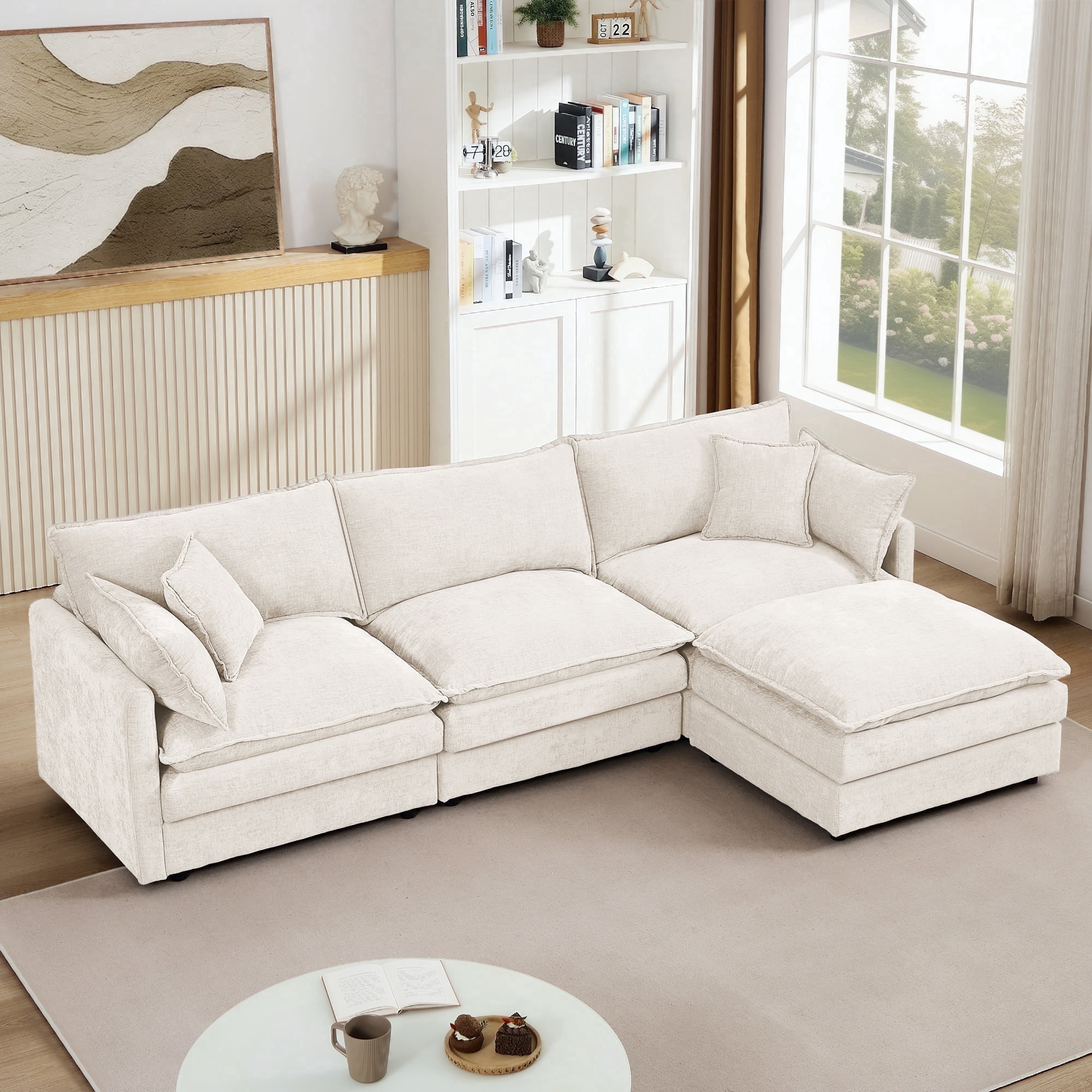 BINBANK Sectional Modular Sofa L Shaped Chenille Fabric Couch with High Supportive & Soft Sponges and Removable Ottoman, Sleeper Comfy Upholstered Furniture for Living Room,3-Seater,Beige