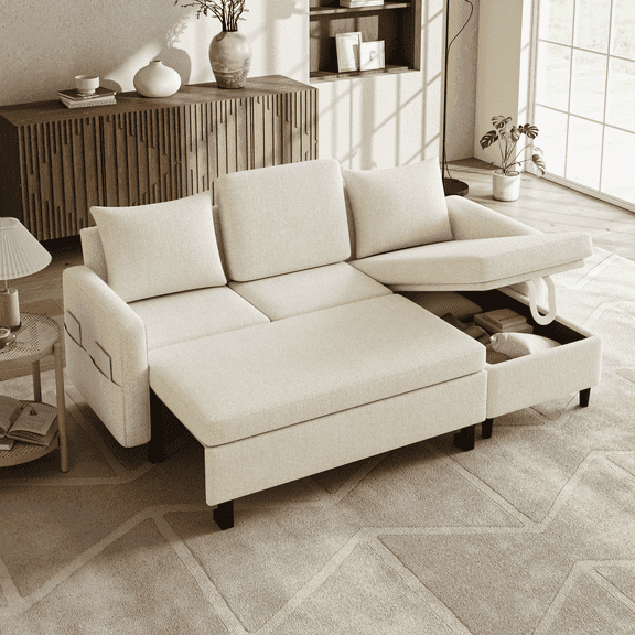 BINBANK Sectional Sleeper Sofa Bed with Pull Out, L-Shaped Couch Reclining Backrest, Reversible Storage Chaise, USB Ports , Chenille Beige