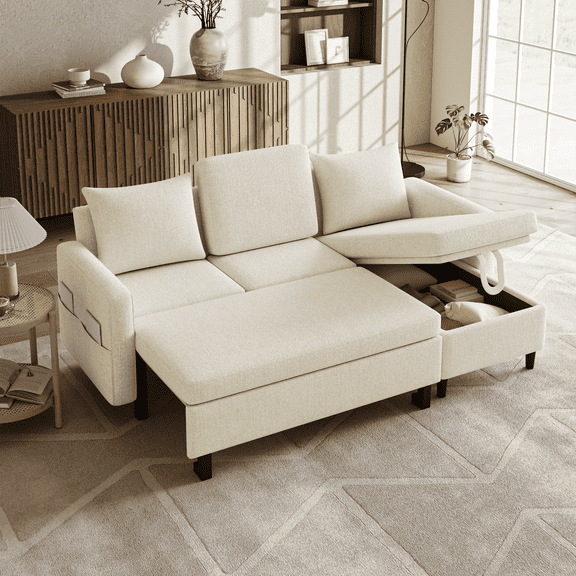 BINBANK Sectional Sleeper Sofa Bed with Pull Out, L-Shaped Couch Reclining Backrest, Reversible Storage Chaise, USB Ports , Chenille,Beige