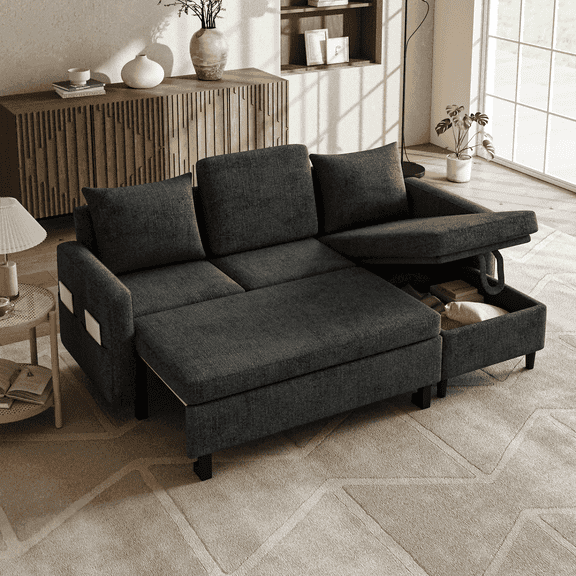 BINBANK Sectional Sleeper Sofa Bed with Pull Out – L-Shaped Couch,  Reversible Storage Chaise, USB Ports, Gray