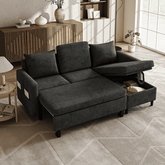 BINBANK Sectional Sleeper Sofa Bed with Pull Out – L-Shaped Couch, Reversible Storage Chaise, USB Ports,Dark Gray