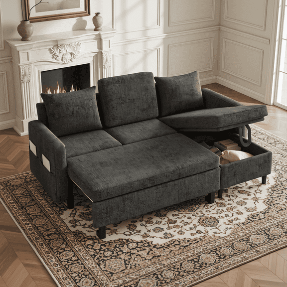 BINBANK L-Shaped Sectional Sofa Bed with Storage,Reversible Pull Out Sleeper Couch for Living Room,USB/Type-C charging ports,Dark Gray