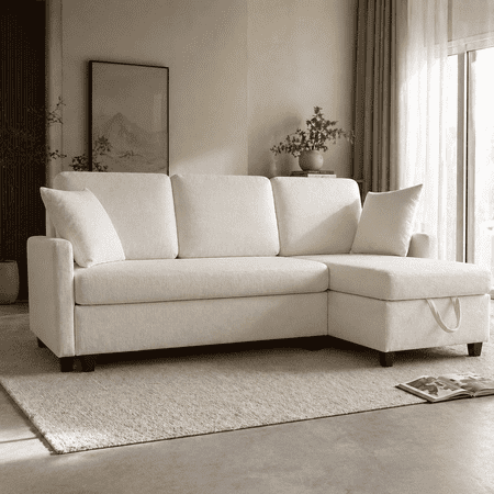 BINBANK L-Shaped Chenille Pull Out Sleeper and Storage Chaise Sectional Futon Sofa Bed with USB, Gray/Beige