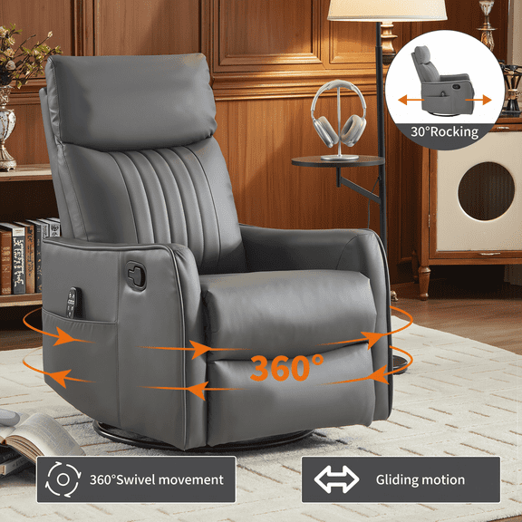BINBANK Swivel Rocker Recliner Chair, 360° Swivel Recliner with Heat and Massage with Side Pockets for Living Room,Grayish Green