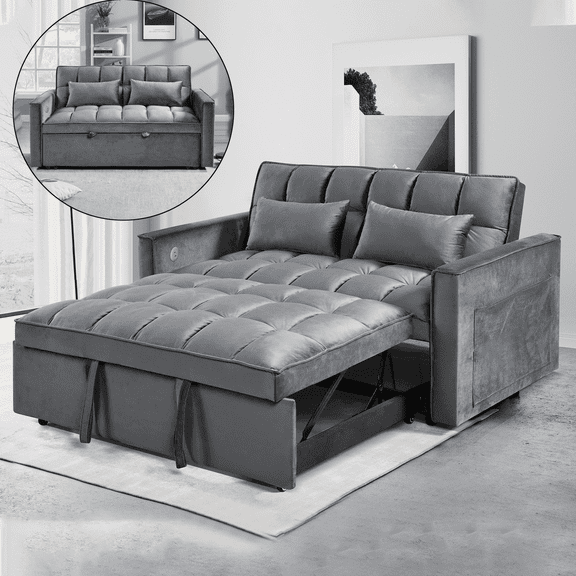 BINBANK Velvet 3-in-1 Pull Out Couch with USB Charging Port, Sleeper Sofa Bed, Dark Gray