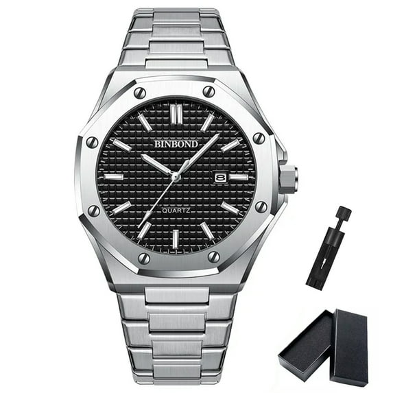 BINBOND Fashion Casual Men Watches Big Dial Silver Stainless Steel Calendar Quartz Wristwatch