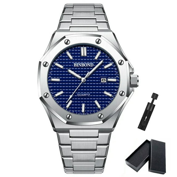 BINBOND Fashion Casual Men Watches Big Dial Silver Stainless Steel Calendar Quartz Wristwatch