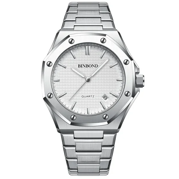 BINBOND Fashion Casual Men Watches Big Dial Silver Stainless Steel Calendar Quartz Wristwatch