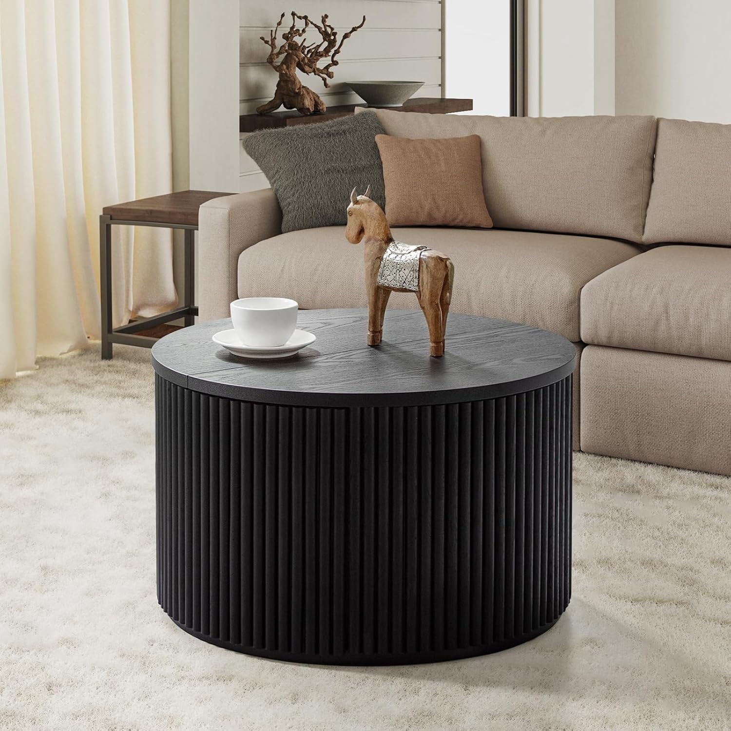 BINGHUIKJ 23.75" Round Coffee Table with Storage, Black Ottoman Center