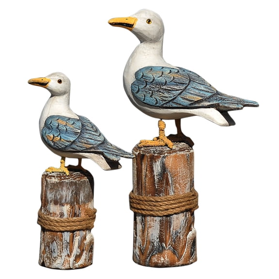 BINGLI 2Pcs Wooden Seagull Figurine Vintage Nautical Sea Bird on Piling with Rope Ornament Sculpture, Hand Caraved Wooden Bird Statue Nautical Craft Decorations for Home (11.61"&8.66")