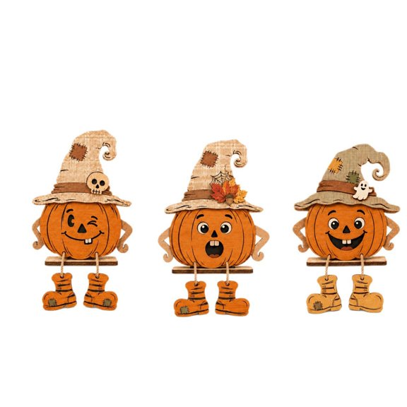 BINGLI 3 Pack Wooden Halloween Pumpkin Tabletop Figurines | Rustic Fall Decor with Witch Hat, Hanging Legs & Cute Expressions for Home, Office, Party Display,Thanksgiving Fall Decor