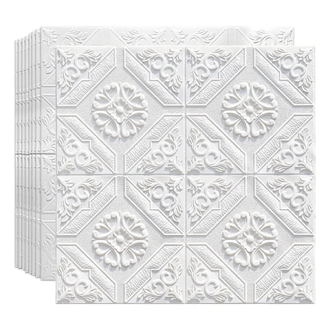BINGLI 3D Wall Panels Peel and Stick 3PCS White Foam Brick Wallpaper for Bedroom Faux Stone Wall Panel Self-Adhesive Wallpaper (3PCS-70x70CM, White)