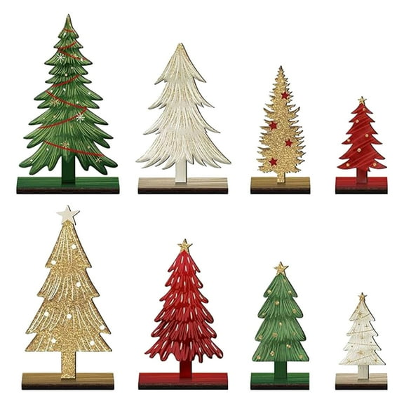 BINGLI 8Pcs Wooden Christmas Trees Glitter Lime Green and Red Christmas Tree Tabletop Decor Rustic Xmas Centerpieces Wooden Sign for Xmas Farmhouse Home Fireplace Decoration