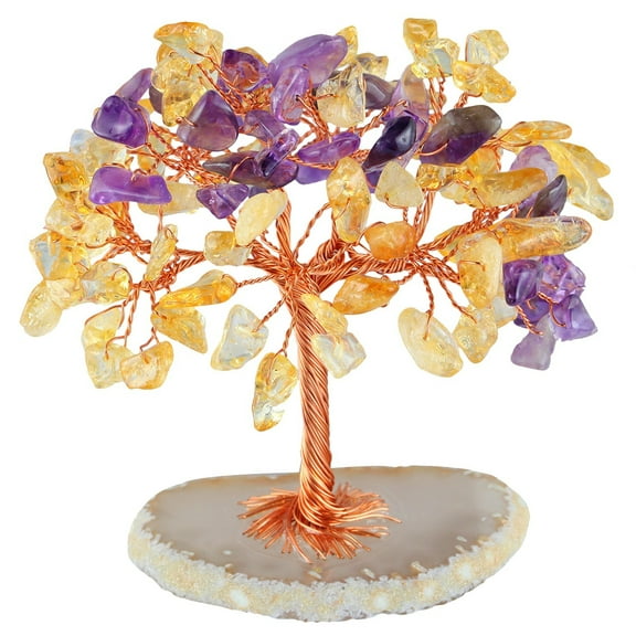 BINGLI Amethyst & Rose Quartz Gemstone Tree of Life - Geode Agate Slice Base, Crystal Chakra Tree for Positive Energy, Attract Good Luck, Feng Shui Decor, Gift