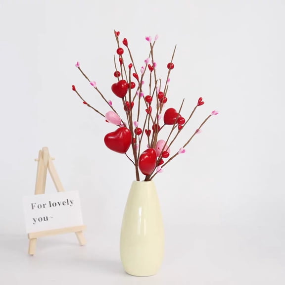 BINGLI Artificial Flowers for Spring Summer Indoor Decoration, Valentine's Day Heart Shaped Berry Bouquet Red and Artificial Berry Stems for Valentine's Day Parties and Wedding Decoration