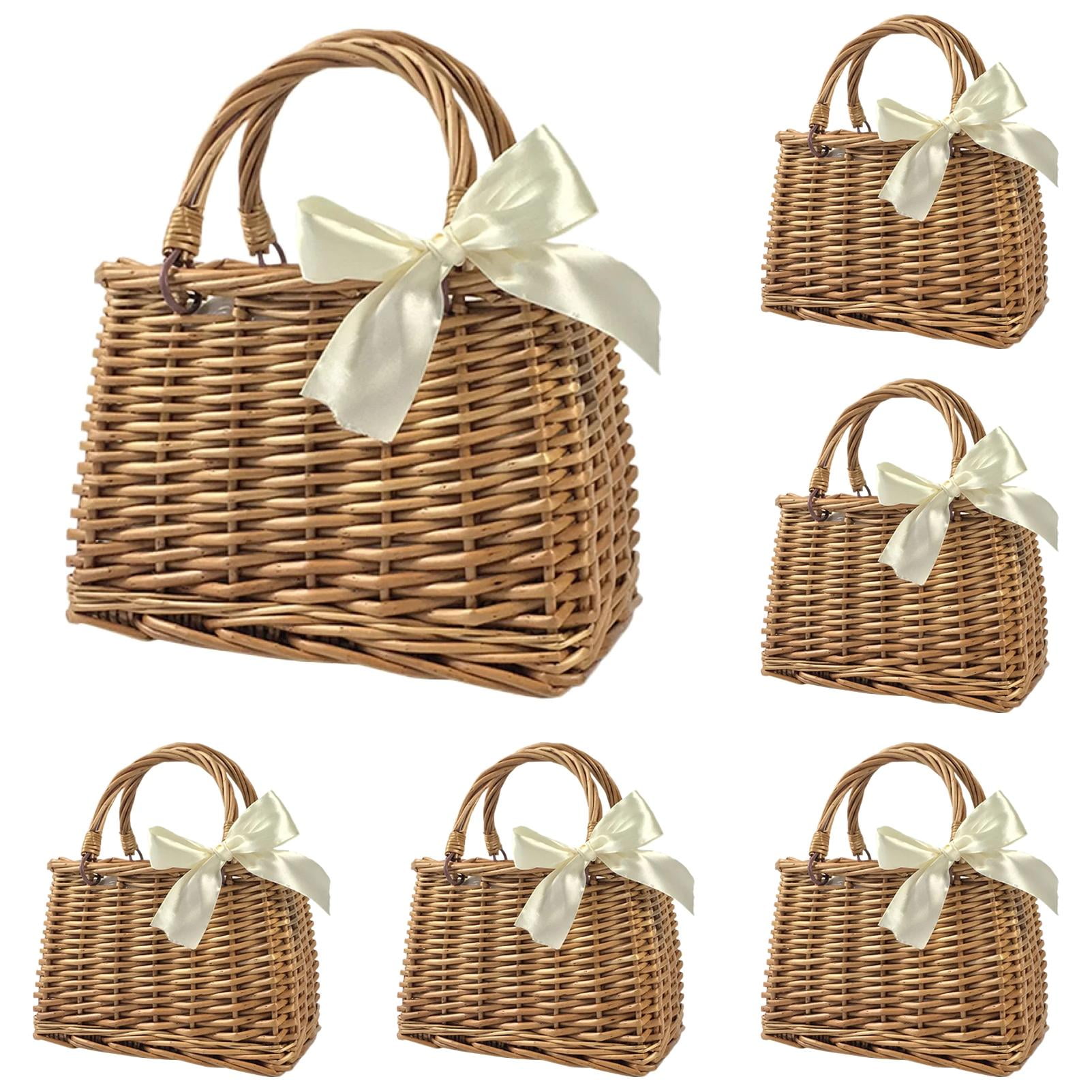 Flower Girl Basket, Small Wicker Basket With Handle, Easter Candy Storage Baskets, Woven Flower Baskets For Wedding Decoration(A