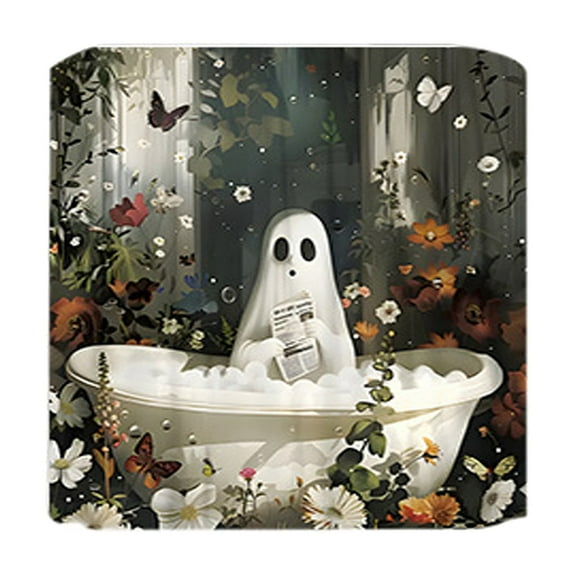 BINGLI Halloween Shower Curtain Sets with Non-Slip Rugs, Toilet Lid Cover and Bath Mat, Ghost Shower Curtains, Bathroom Decor Sets with Curtain and Rugs