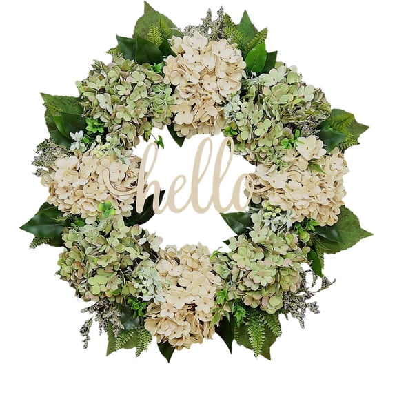 BINGLI Hydrangeas Wreaths for Front Door Decor, 16" Artificial White Hydrangea Macrophylla Wreath Decorations for Spring Summer Home Door Window Outside Wall Indoor Outdoor Porch and Wedding Party
