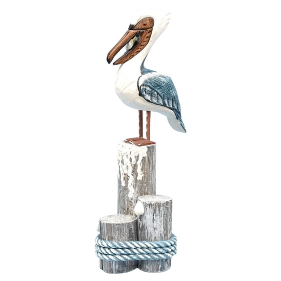 BINGLI Nautical Pelican Statue - Handcrafted Wooden Bird Figurine for Coastal Home & Bathroom Decor, Vintage Beach Theme Art Sculpture, Rustic Outdoor Garden Decorations, Wood Carving Fish Statue
