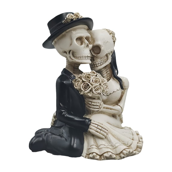 BINGLI Skeleton Bride and Groom Figurine Wedding Cake Topper, Love Skull Couple Statue, Death Themed Skeleton Party Halloween Decoration (Kneeling embracing)