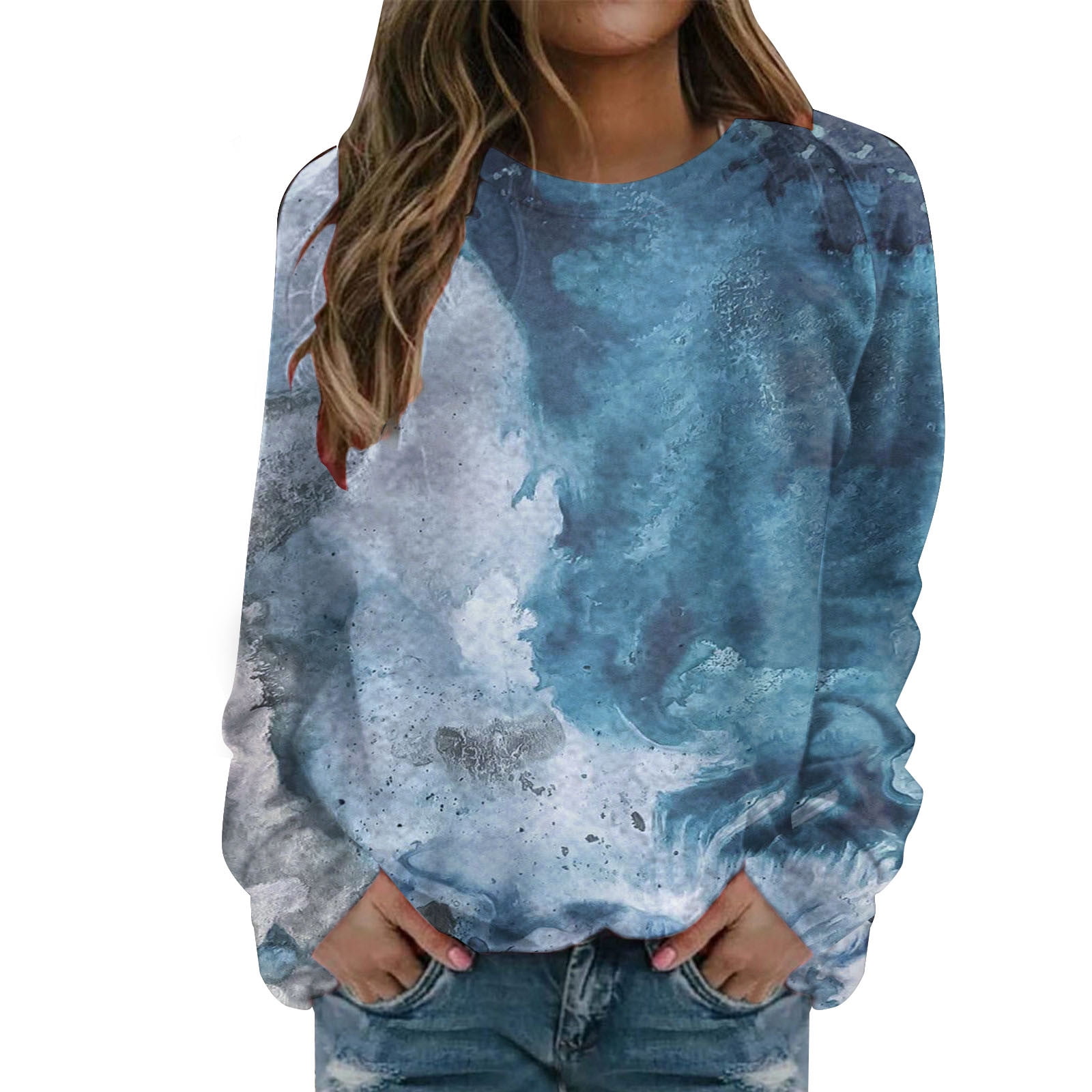 BINGRUIGS Hoodie Women Women Color Print Loose Pullover Tops Round Neck
