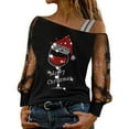 BINGRUIGS Women's Casual Red Wine Glass Print Mesh Long Sleeve Spliced