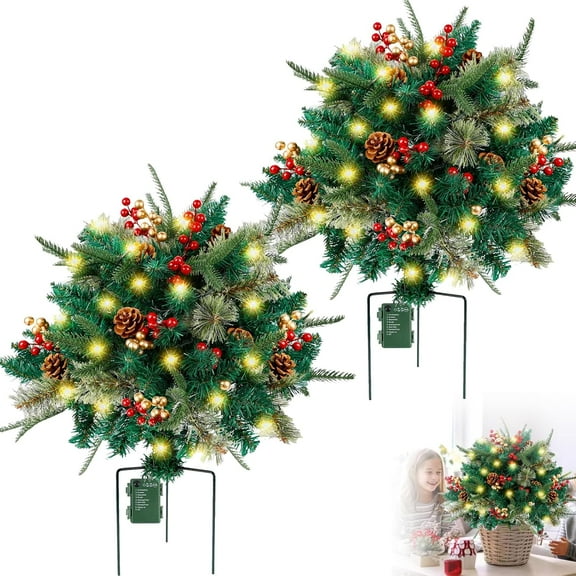 BINGTAOHU Holiday Planter Filler Christmas Planter Filler Outdoor Prelit Christmas Trees 16 Inch Prelit Planter Bushes Christmas Porch Decorations with Tripod Stake Christmas Urn Filler