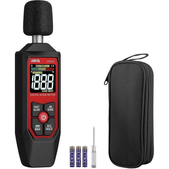 BINTA Decibel Meter, Digital Sound Level Meter with A/C Weighted, Portable SPL Tester 30-130dB Noise Measure with Backlit LCD Display, Max/Min, dB/SONE Unit, Data Hold