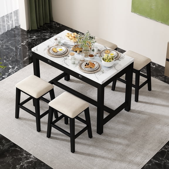 BINUFF 5-Piece Modern Faux Marble Versatile Bar Table Set with Storage Drawers and Padded Stools, Ideal for Space-Saving Dining Nooks or Small Kitchens (Black)
