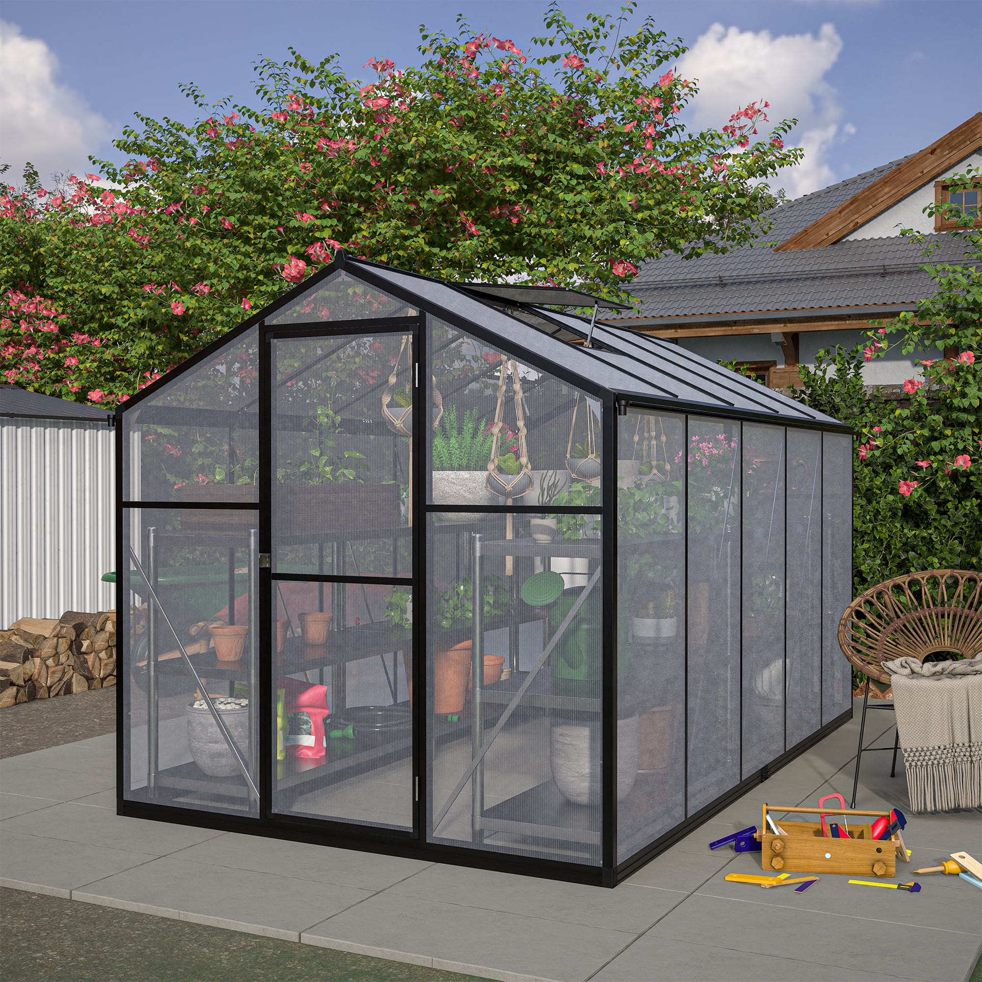 BINUFF Greenhouse Polycarbonate Black Outdoor 6x10 FT Walk-in Large for Winter Gardening