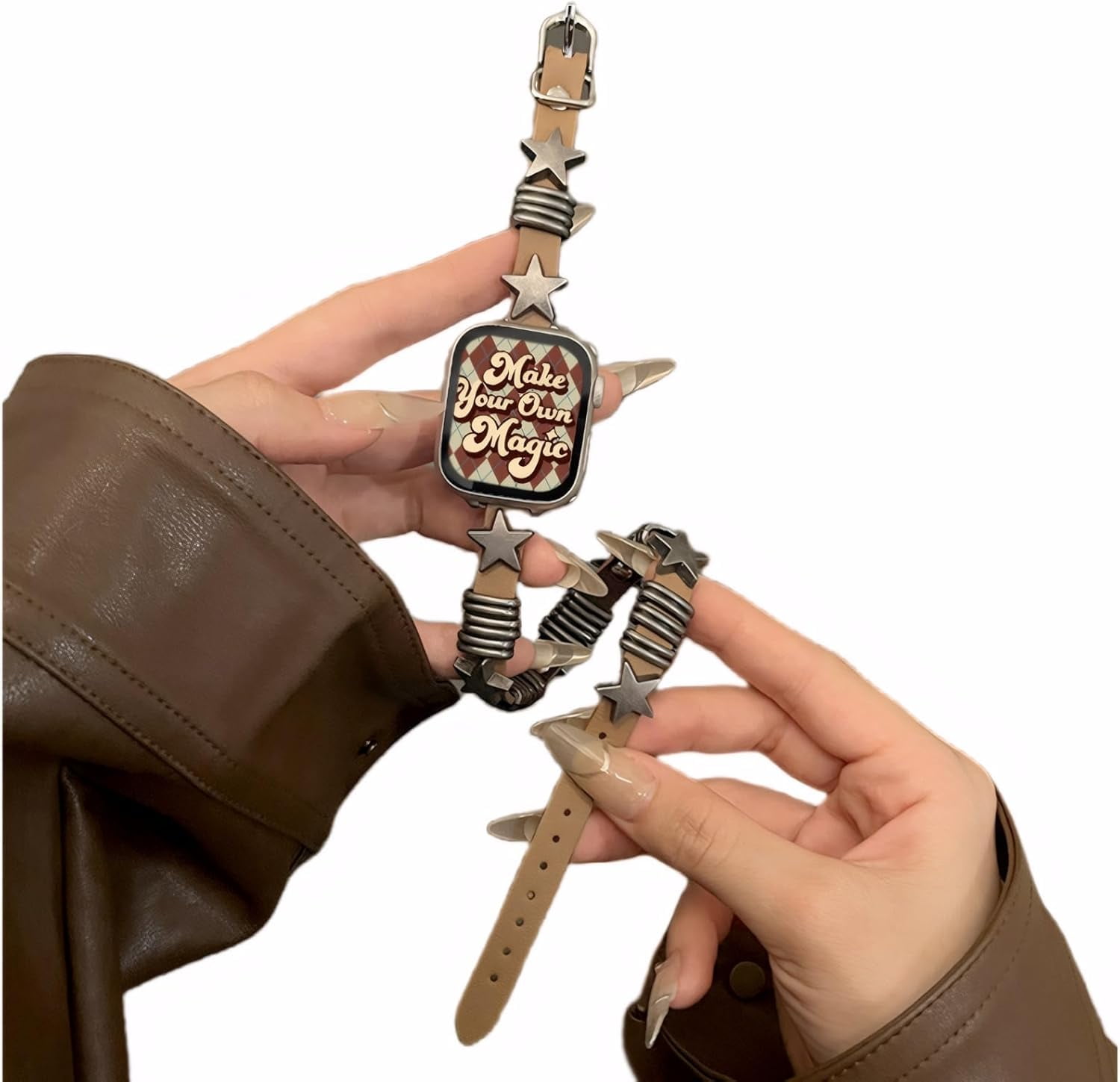 BINUFF Punk Stars Charms Double Loop Slim Leather Watch Band For Apple