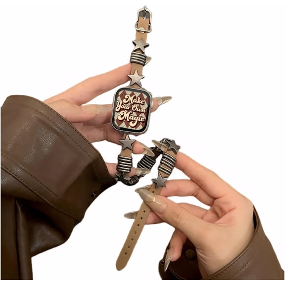 BINUFF Punk Stars Charms Double Loop Slim Leather Watch Band For Apple iWatch Series