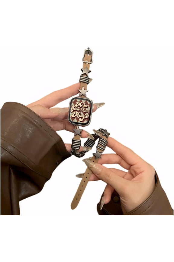 Punk Stars Charms Double Loop Slim Leather Watch Band For Apple iWatch Series
