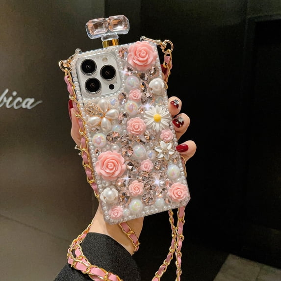 BINUFF Rhinestone Perfume Bottle Phone Case with Rose Bud TPU Protective Cover and Lanyard for iPhone 11/12/13/14/15 Pro Max
