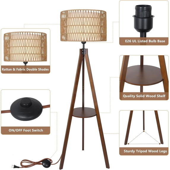 BINUFF Wood Tripod Lamp with Shelves Hand-Woven Rattan Shade Mid Century Design