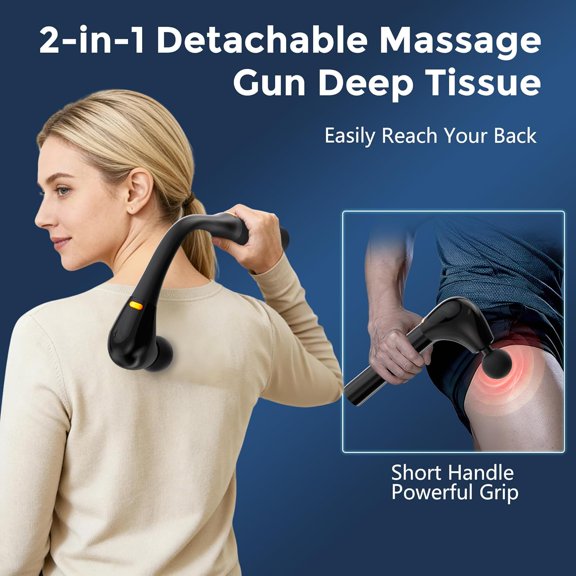 BINXALIN Deep Tissue Massage Gun with Extension Handle, 2-in-1 Detachable Percussion Massager for Full Body Pain Relief
