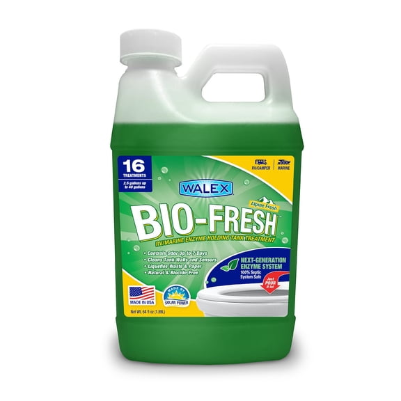Walex Bio-Fresh Liquid Enzyme & Beneficial Bacteria Holding Tank Deodorizer for RV, Camper & Marine Tanks - Liquifies Waste & Toilet Paper, Septic Tank Safe, Biocide-Free, Alpine Fresh, 64oz