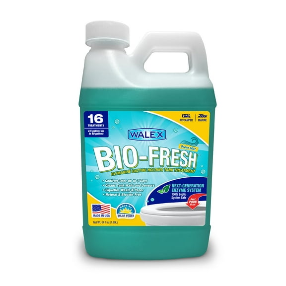 Walex Bio-Fresh Liquid Enzyme & Beneficial Bacteria Holding Tank Deodorizer for RV, Camper & Marine Tanks - Liquifies Waste & Toilet Paper, Septic Tank Safe, Biocide-Free, Ocean Mist, 64oz