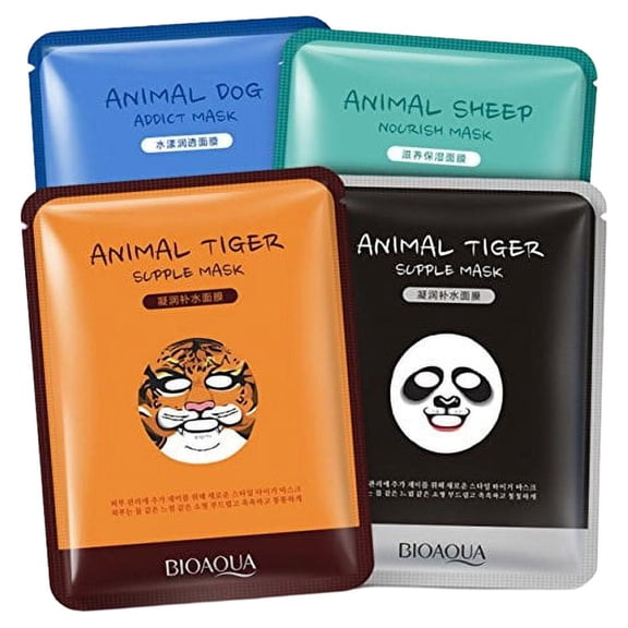 BIOAQUA Moisturizing Face Mask Sheet Enriched with Natural Serum for Radiant and Nourished Skin. At Home Spa Facial with Fun Animal Characters: Panda, Tiger, Sheep, Dog (4 Sheets Variety Pack)
