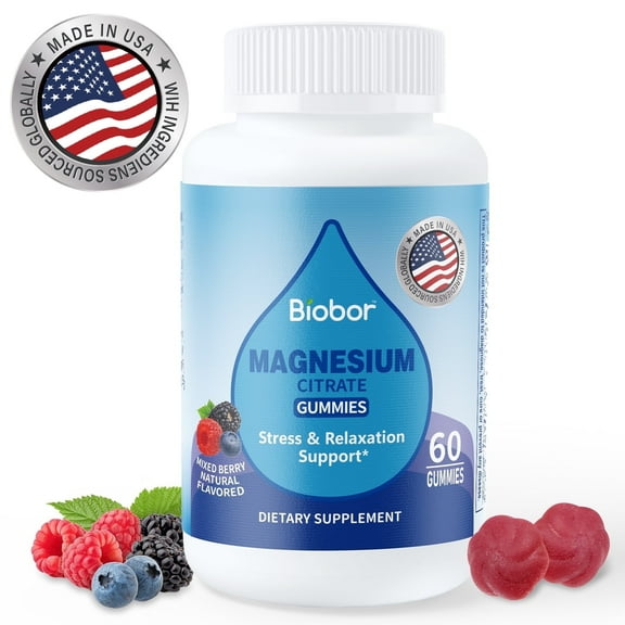 Biobor High Absorption Magnesium Citrate Gummies 200mg for Calm, Muscle/Nerve Relaxation, Mixed Berry, 60 Ct