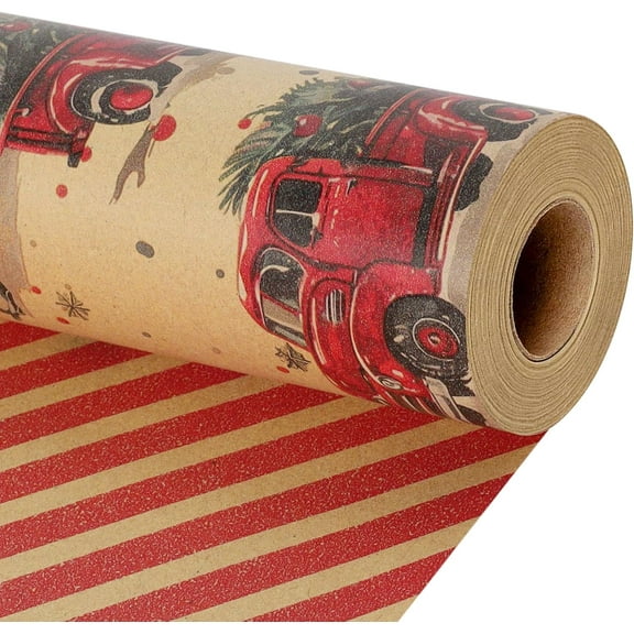 BIOBROWN Reversible Kraft Christmas Wrapping Paper - 17 Inch X 33 Feet (46.7 sq. ft. ttl.) - Vintage Trucks Design Perfect for Xmas, Party, Holiday Gift Wrap