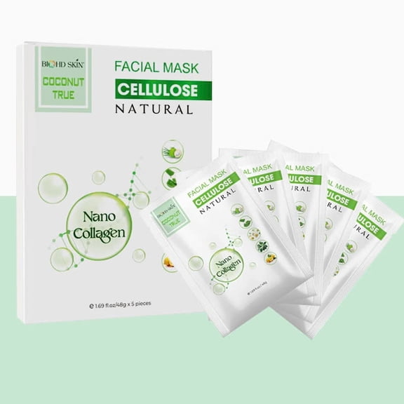 BIOHD SKIN Bio-Collagen Face Mask, Coconut Bio Cellulose Sheet Mask, Korean Glass Skin, 5 Sheets