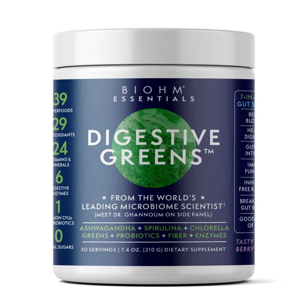 BIOHM Essentials Digestive Greens Powder, Superfoods, Probiotics, Mixed Berry Flavor, 7.4 oz, 30