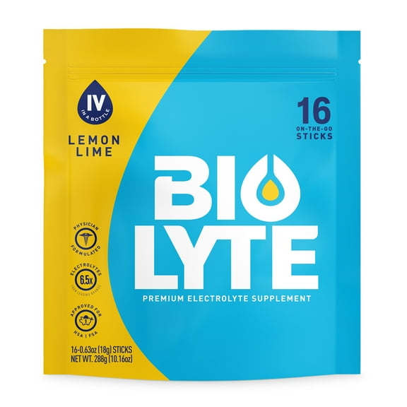 BIOLYTE Electrolyte Powder Packet Drink Mix for Rapid Hydration, Lemon Lime, 16 pack
