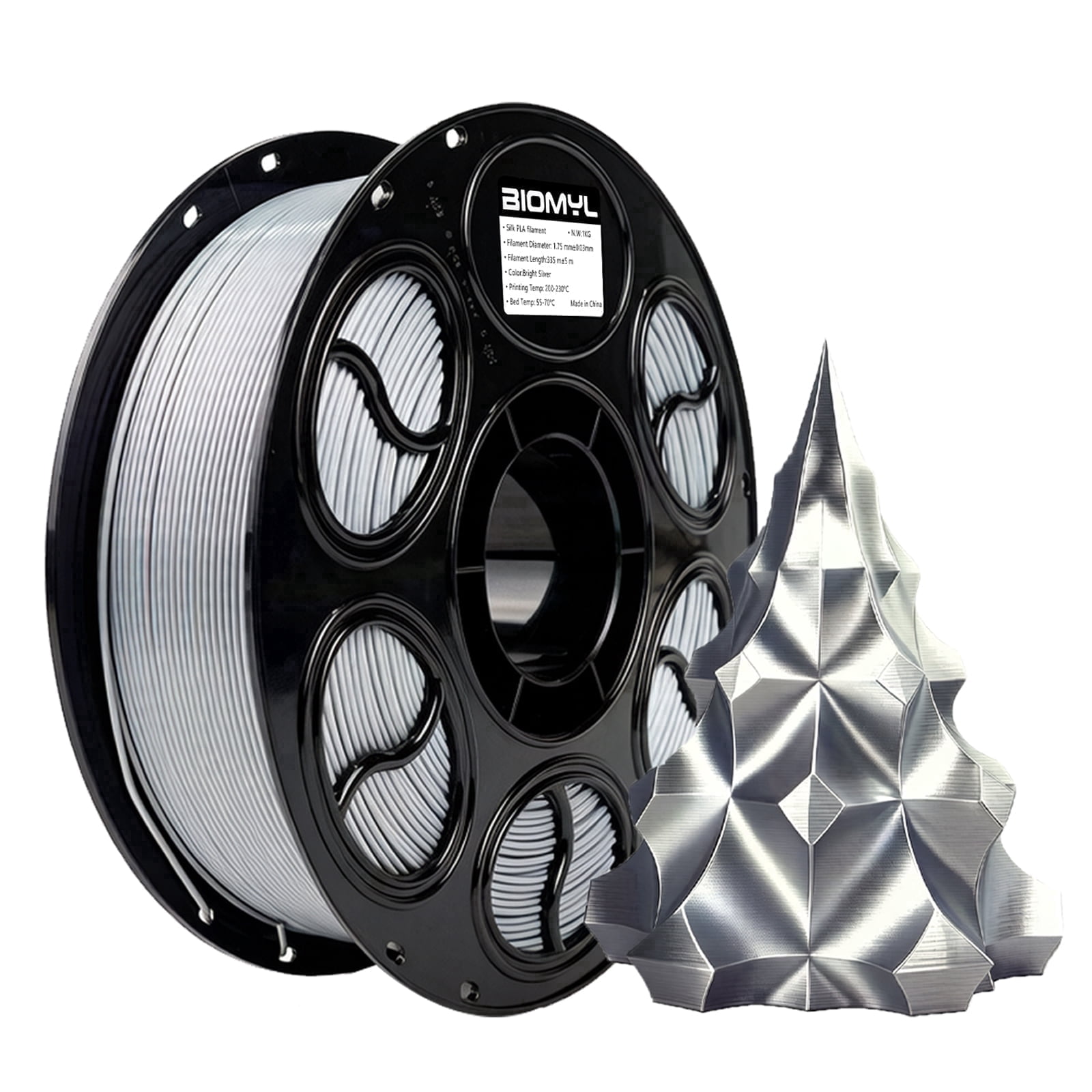 BIOMYL PLA 3D Printer Filament, PLA Filament 1.75mm Bright Silver Color Filament Silk PLA, 1kg Spool, Accuracy +/- 0.03mm