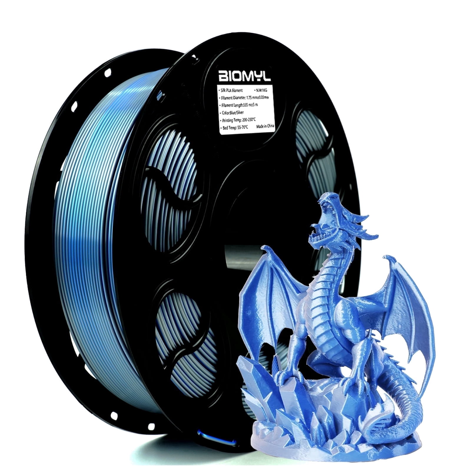 BIOMYL PLA 3D Printer Filament, PLA Filament 1.75mm Dual Blue/Silver Color Filament Silk PLA, 1kg Spool, Accuracy +/- 0.03mm