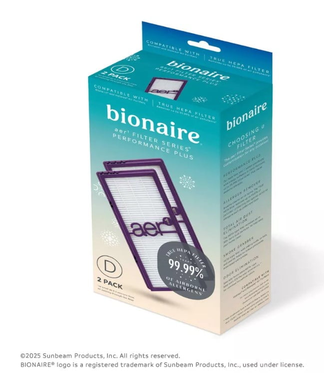 Bionaire 2pk AER1 Allergen Air Purifier Filters Purple: True HEPA, EPA Certified, Captures Odors & Smoke, Fits Bionaire & Holmes