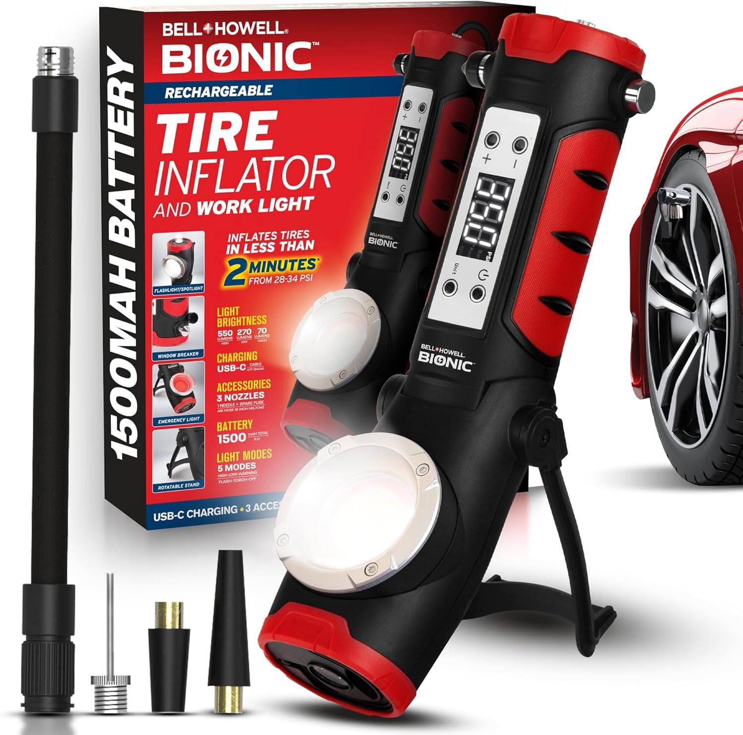 BIONIC Car Tire Inflator Portable Air Compressor with Work Light and Window Breaker, Rechargeable 1500MAH Portable Tire Inflator for Car Air Pump Portable with LED Pressure Gauge, USB-C Rechargeable