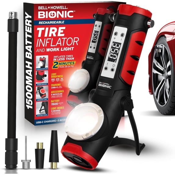 BIONIC Car Tire Inflator Portable Air Compressor with Work Light and Window Breaker, Rechargeable 1500MAH Portable Tire Inflator for Car Air Pump Portable with LED Pressure Gauge, USB-C Rechargeable